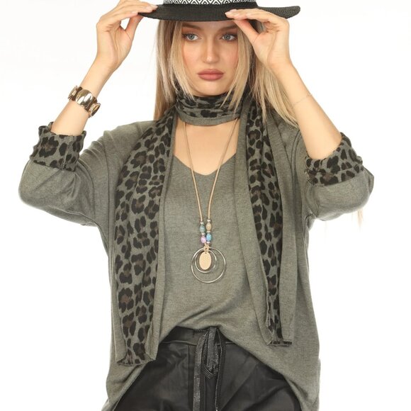 Olive Top With Leopard Print Scarf - Picture 3 of 11